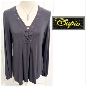 Cupio, Charcoal Grey, Laced V Neckline, Long Sleeve Top